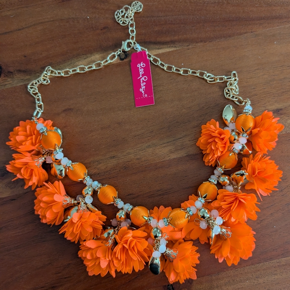 Lilly Pulitzer Gold Tone Orange Flower Necklace NEW With a Tags